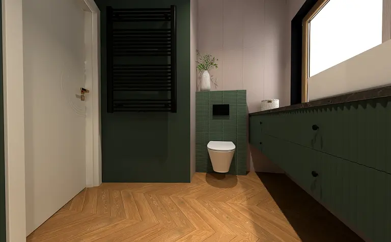 Eklektyczna łazienka z zielonymi meblami i drewnianą podłogą.