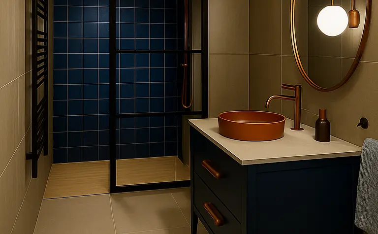 Wnętrze nowoczesnej łazienki z niebieskimi płytkami i drewnianymi elementami.