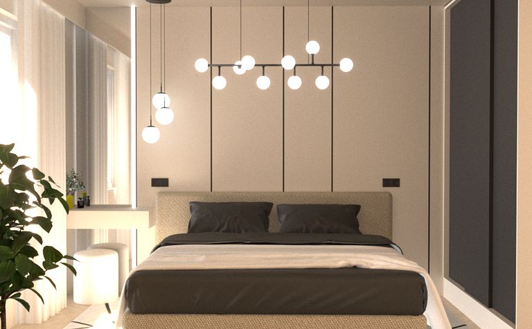 Wnętrze sypialni z minimalistycznym wystrojem, nowoczesnym oświetleniem i współczesnymi akcentami.