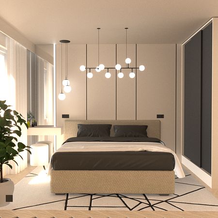 Wnętrze sypialni z minimalistycznym wystrojem, nowoczesnym oświetleniem i współczesnymi akcentami.