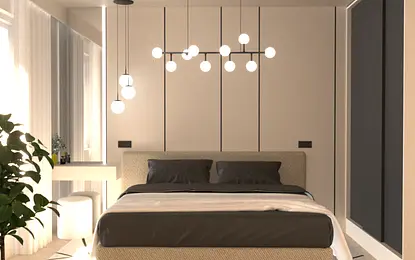 Wnętrze sypialni z minimalistycznym wystrojem, nowoczesnym oświetleniem i współczesnymi akcentami.
