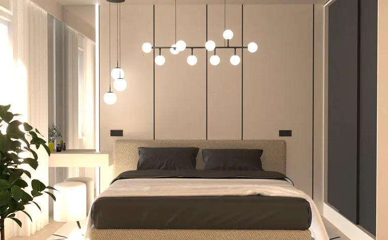 Wnętrze sypialni z minimalistycznym wystrojem, nowoczesnym oświetleniem i współczesnymi akcentami.