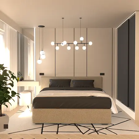 Wnętrze sypialni z minimalistycznym wystrojem, nowoczesnym oświetleniem i współczesnymi akcentami.