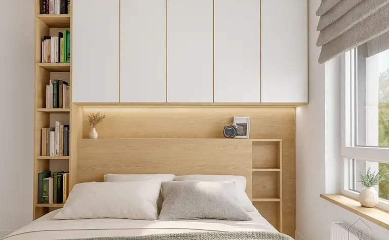 Sypialnia w minimalistycznym stylu z białymi meblami, drewnianymi elementami i książkami.