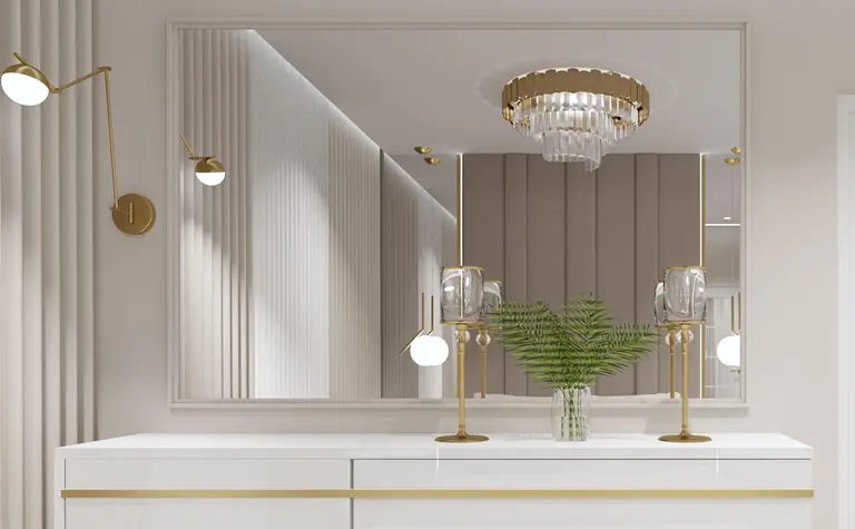 Nowoczesny przedpokój z białą komodą, lustrem i lampami w stylu glamour.