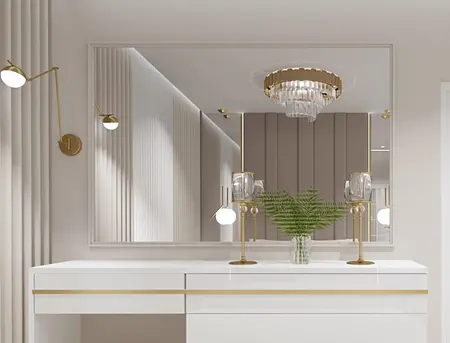 Nowoczesny przedpokój z białą komodą, lustrem i lampami w stylu glamour.