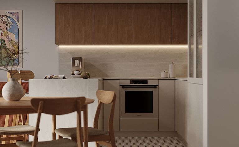 Nowoczesna kuchnia z drewnianymi meblami i jasnymi detalami.