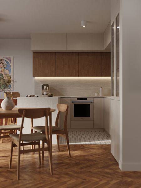 Nowoczesna kuchnia z drewnianymi meblami i jasnymi detalami.