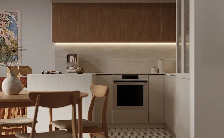 Nowoczesna kuchnia z drewnianymi meblami i jasnymi detalami.