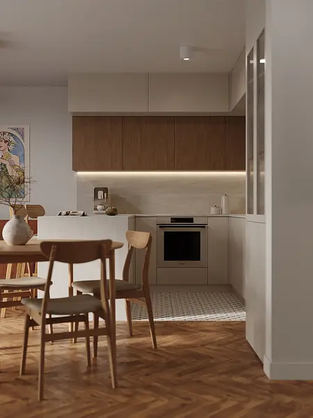 Nowoczesna kuchnia z drewnianymi meblami i jasnymi detalami.