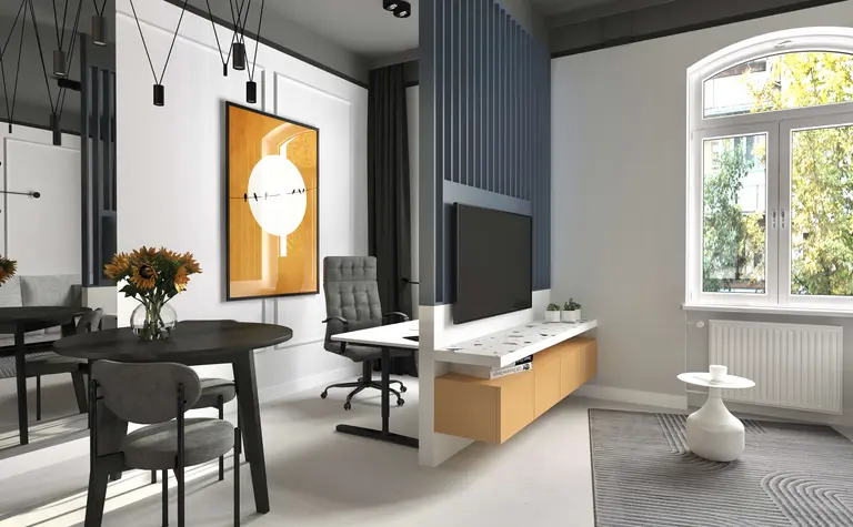 Wnętrze z biurkiem i oknem, styl dopamine decor, rośliny.