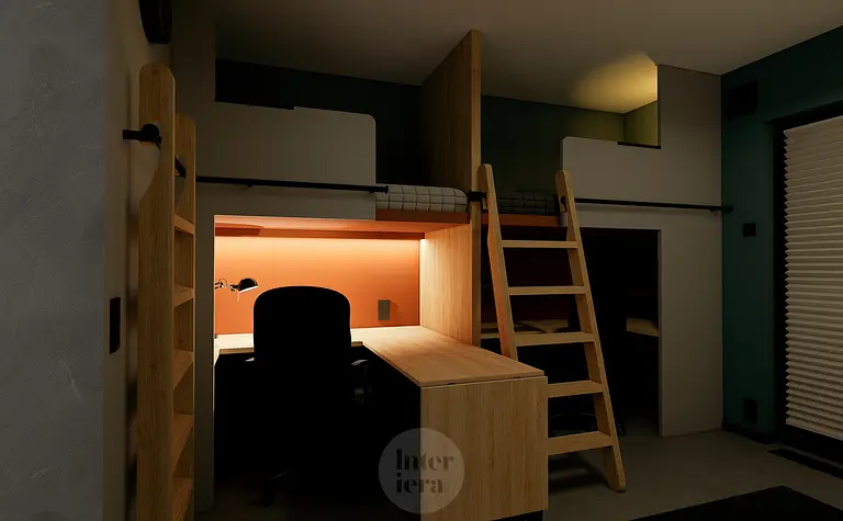 Wnętrze pokoju młodzieżowego z biurkiem, łóżkiem na antresoli i minimalistycznym designem.