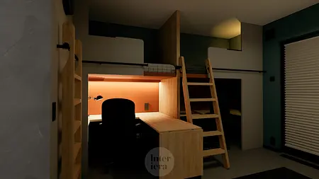 Wnętrze pokoju młodzieżowego z biurkiem, łóżkiem na antresoli i minimalistycznym designem.