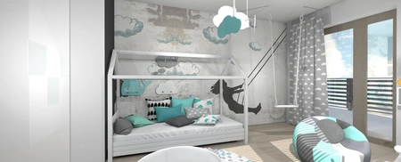 Pokój dziecięcy z chmurkami, huśtawką i pastelowymi akcentami. Styl dopamine decor, japandi, nowoczesny.