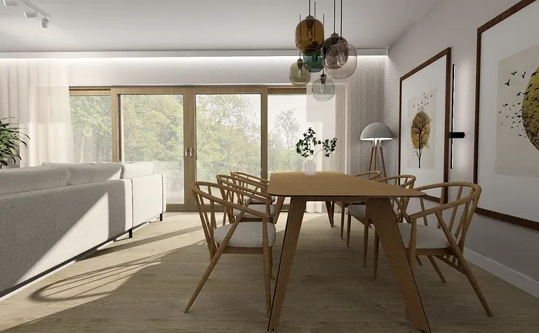 Wnętrze jadalni z drewnianym stołem, jasnymi krzesłami i roślinami, styl boho i minimalistyczny.