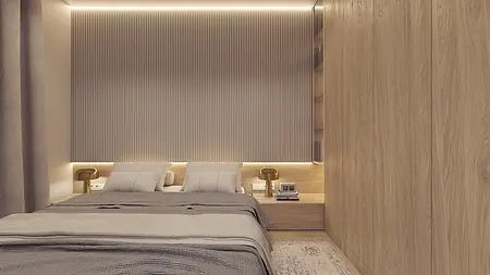 Sypialnia z drewnianą zabudową i nowoczesnymi detalami, styl eklektyczny