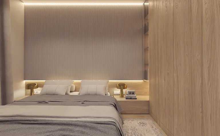 Sypialnia z drewnianą zabudową i nowoczesnymi detalami, styl eklektyczny