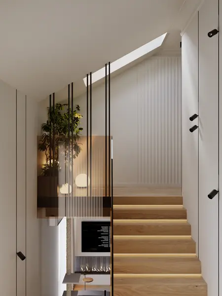 Korytarz w stylu minimalistycznym z drewnianymi schodami, rośliną i nowoczesnymi detalami.