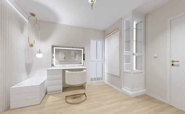 Wnętrze pokoju z biurkiem, białymi meblami i nowoczesnymi akcentami.