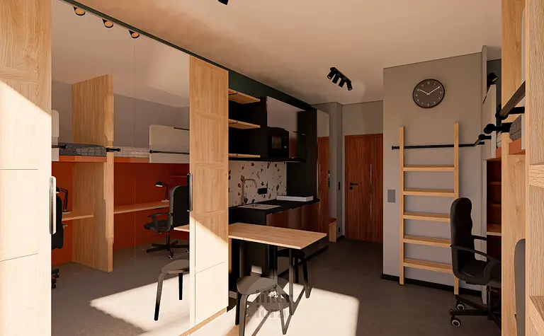 Wnętrze pokoju z biurkiem, drewnianymi meblami, minimalistyczny i nowoczesny styl.