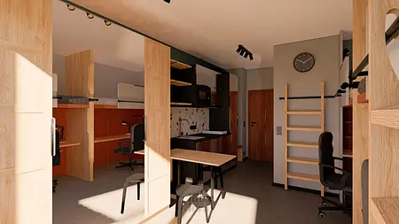 Wnętrze pokoju z biurkiem, drewnianymi meblami, minimalistyczny i nowoczesny styl.