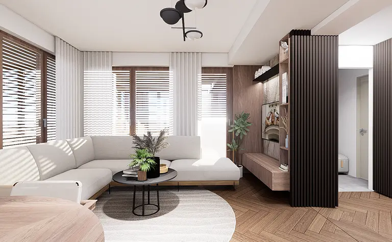 Wnętrze salonu z jasną sofą, drewnianymi meblami, roślinami, styl art deco, boho, minimaluxe.