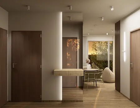 Przedpokój w stylu dopaminowego decor z jasnymi akcentami i drewnianymi elementami.