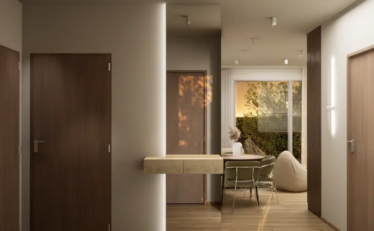 Przedpokój w stylu dopaminowego decor z jasnymi akcentami i drewnianymi elementami.