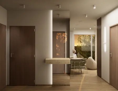 Przedpokój w stylu dopaminowego decor z jasnymi akcentami i drewnianymi elementami.