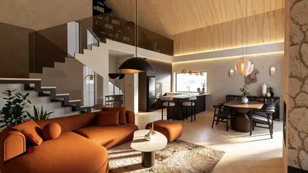 Salon z pomarańczową sofą, jadalnią i kuchnią z wyspą w stylu eklektycznym, drewniany sufit i schody