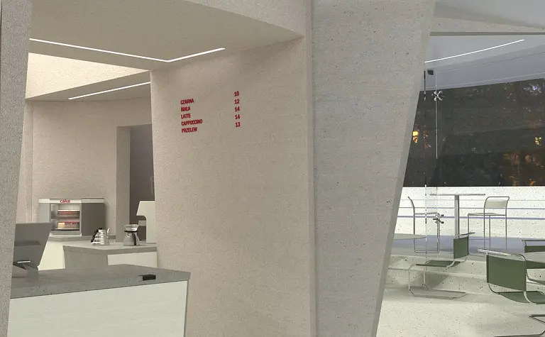 Wnętrze nowoczesnej kawiarni z minimalistycznym designem i jasnymi ścianami.