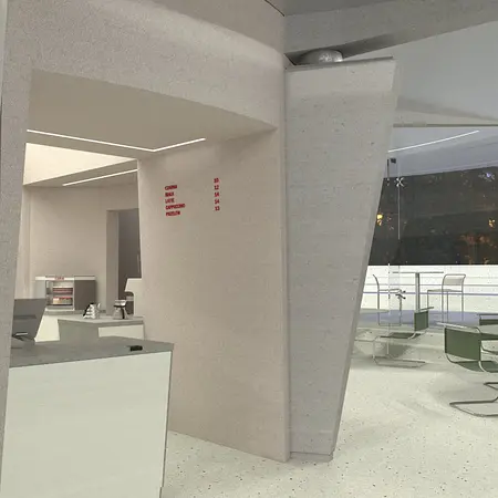 Wnętrze nowoczesnej kawiarni z minimalistycznym designem i jasnymi ścianami.