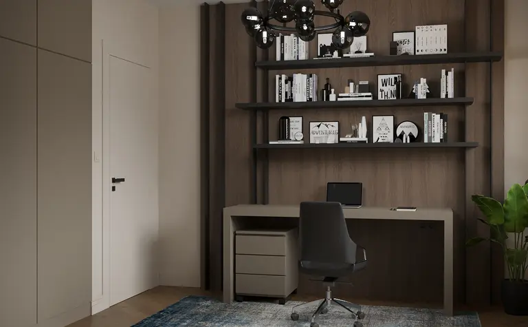 Wnętrze gabinetu z minimalistycznym biurkiem i półkami, styl współczesny.