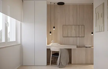 Minimalistyczny gabinet z białym biurkiem, drewnianą ścianą i nowoczesnymi lampami.