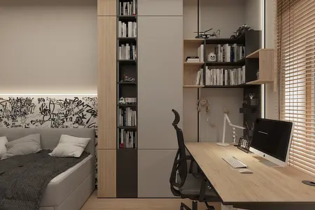 Wnętrze pokoju z minimalistycznym biurkiem i półkami na książki, nowoczesny styl.