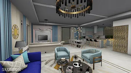 Wnętrze salonu w stylu art deco i nowoczesnym z niebieską kanapą, eleganckim oświetleniem i drewnianymi akcentami.