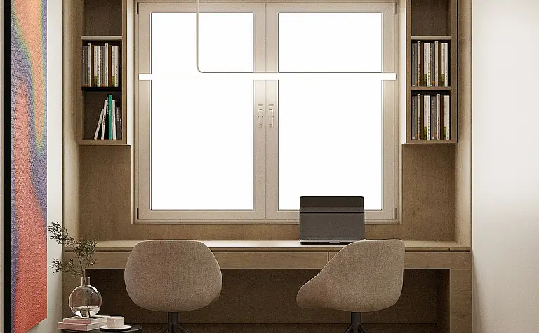 Nowoczesny gabinet w stylu japandi z jasnym biurkiem, regałem i oknem.