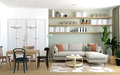 Wnętrze salonu z jasną sofą, drewnianym stołem i roślinami, styl dopamine decor, eklektyczny, skandynawski.