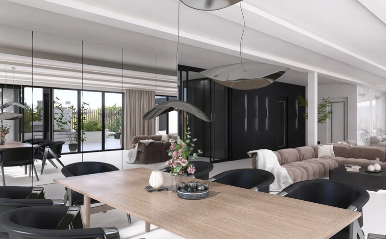 Wnętrze jadalni z nowoczesnymi elementami i roślinami, w stylu quiet luxury.
