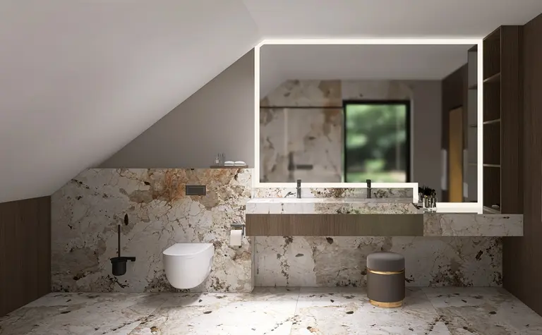 Nowoczesna łazienka z marmurowymi elementami i drewnem w stylu quiet luxury.