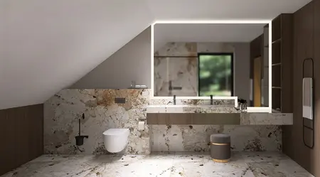 Nowoczesna łazienka z marmurowymi elementami i drewnem w stylu quiet luxury.