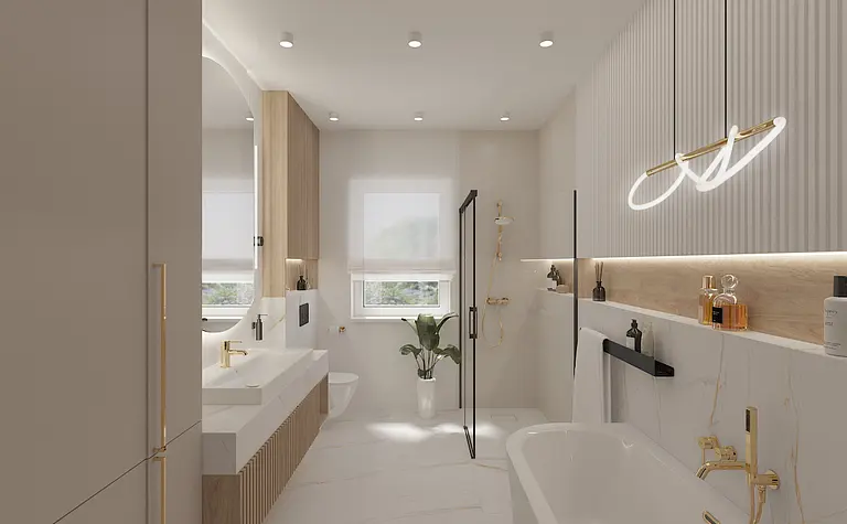 Nowoczesna łazienka z elementami minimaluxe i quiet luxury, złote akcenty.