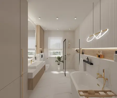 Nowoczesna łazienka z elementami minimaluxe i quiet luxury, złote akcenty.