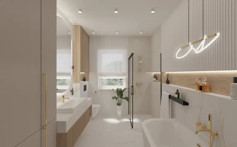 Nowoczesna łazienka z elementami minimaluxe i quiet luxury, złote akcenty.