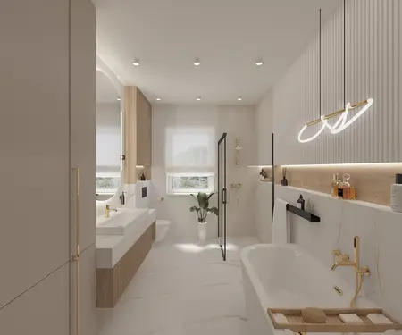 Nowoczesna łazienka z elementami minimaluxe i quiet luxury, złote akcenty.