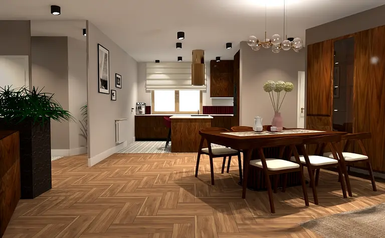 Wnętrze kuchni w stylu eklektycznym z brązowymi meblami i drewnianym stołem.