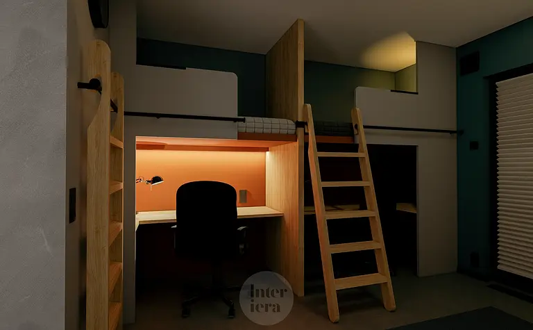 Pokój z biurkiem, łóżkiem na podwyższeniu i minimalistycznym stylem.