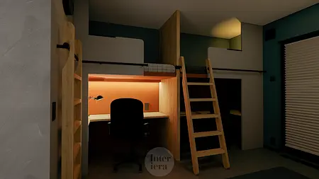 Pokój z biurkiem, łóżkiem na podwyższeniu i minimalistycznym stylem.