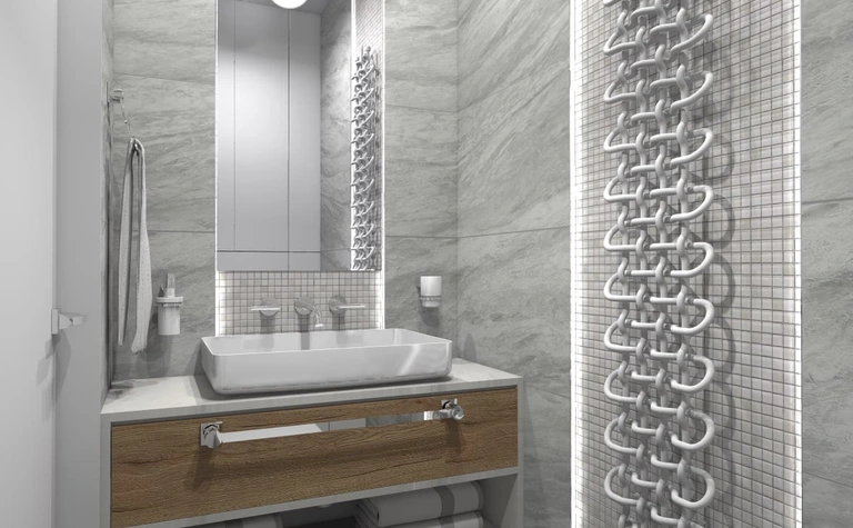 Nowoczesna łazienka z drewnianą szafką, oświetleniem LED i szarymi płytkami. Styl dopamine decor, industrialny.