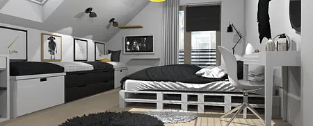 Wnętrze poddasza w stylu boho z czarnymi meblami i jasnymi detalami.